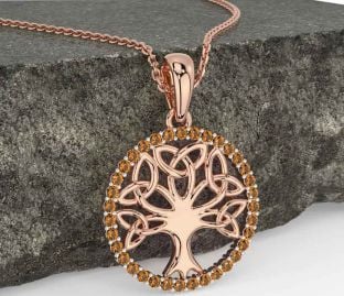 Citrine Rose Gold Silver Celtic Tree of Life Trinity Knot Necklace