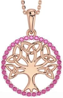 Pink Tourmaline Rose Gold Silver Celtic Tree of Life Trinity Knot Necklace