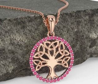 Pink Tourmaline Rose Gold Silver Celtic Tree of Life Trinity Knot Necklace