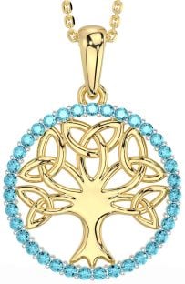 Aquamarine Gold Silver Celtic Tree of Life Trinity Knot Necklace