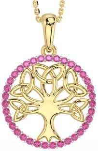 Pink Tourmaline Gold Silver Celtic Tree of Life Trinity Knot Necklace