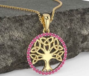 Pink Tourmaline Gold Silver Celtic Tree of Life Trinity Knot Necklace