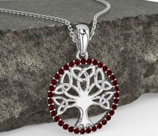 Garnet Silver Celtic Tree of Life Trinity Knot Necklace