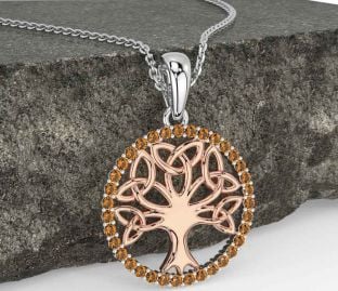 Citrine Rose Gold Silver Celtic Tree of Life Trinity Knot Necklace