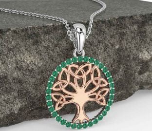 Emerald Rose Gold Silver Celtic Tree of Life Trinity Knot Necklace