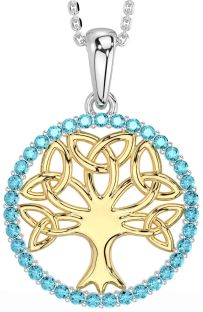 Aquamarine Gold Silver Celtic Tree of Life Trinity Knot Necklace