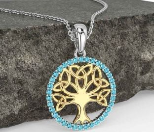 Aquamarine Gold Silver Celtic Tree of Life Trinity Knot Necklace