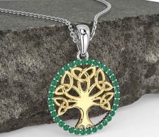 Emerald Gold Silver Celtic Tree of Life Trinity Knot Necklace