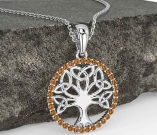 Citrine White Gold Celtic Tree of Life Trinity Knot Necklace