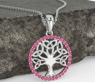 Pink Tourmaline White Gold Celtic Tree of Life Trinity Knot Necklace