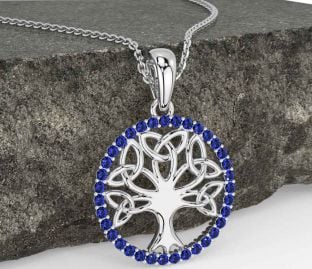 Sapphire White Gold Celtic Tree of Life Trinity Knot Necklace