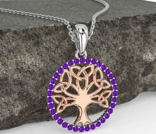 Amethyst White Rose Gold Celtic Tree of Life Trinity Knot Necklace