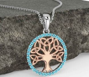 Aquamarine White Rose Gold Celtic Tree of Life Trinity Knot Necklace
