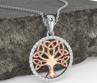 Diamond White Rose Gold Celtic Tree of Life Trinity Knot Necklace