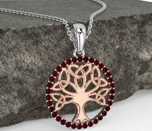 Garnet White Rose Gold Celtic Tree of Life Trinity Knot Necklace