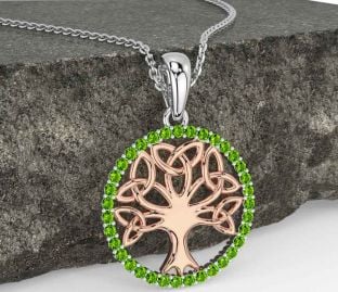 Peridot White Rose Gold Celtic Tree of Life Trinity Knot Necklace