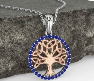 Sapphire White Rose Gold Celtic Tree of Life Trinity Knot Necklace