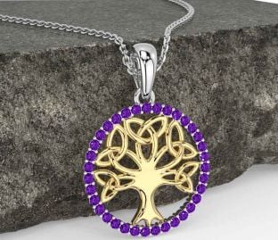 Amethyst White Yellow Gold Celtic Tree of Life Trinity Knot Necklace