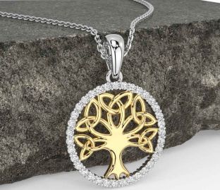 Diamond White Yellow Gold Celtic Tree of Life Trinity Knot Necklace