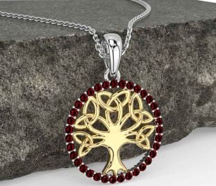 Garnet White Yellow Gold Celtic Tree of Life Trinity Knot Necklace