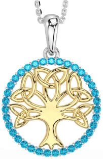 Topaz White Yellow Gold Celtic Tree of Life Trinity Knot Necklace