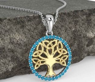 Topaz White Yellow Gold Celtic Tree of Life Trinity Knot Necklace