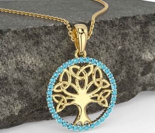 Aquamarine Gold Celtic Tree of Life Trinity Knot Necklace