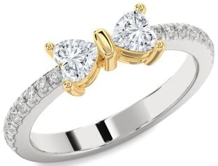 Diamond Platinum & Yellow Gold Bow Two Heart Ring