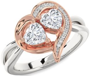 Diamond Silver & 10K Rose Gold Two Heart Ring