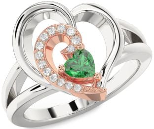 Diamond Emerald Platinum & Rose Gold Heart Promise Ring