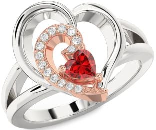 Diamond Ruby Platinum & Rose Gold Heart Promise Ring