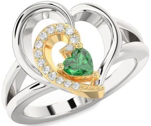 Diamond Emerald Platinum & Yellow Gold Heart Promise Ring