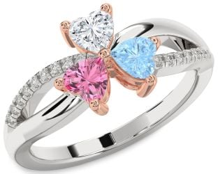 Diamond Platinum & Rose Gold Shamrock Heart Three Stone Mother's Ring