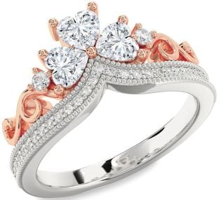 Diamond Platinum & Rose Gold Crown Heart Three Stone Pave Ring