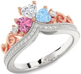 Diamond Platinum & Rose Gold Crown Heart Three Stone Pave Mother's Ring