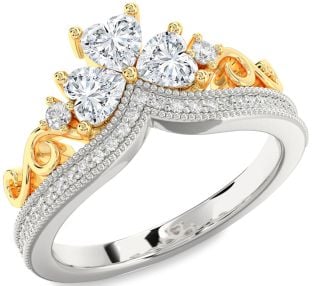 Diamond Platinum & Yellow Gold Crown Heart Three Stone Pave Ring