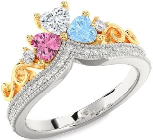 Diamond Platinum & Yellow Gold Crown Heart Three Stone Pave Mother's Ring