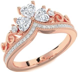 Diamond Rose Gold Crown Heart Three Stone Pave Ring