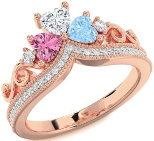 Diamond Rose Gold Crown Heart Three Stone Pave Mother's Ring