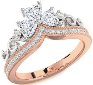 Diamond Platinum & Rose Gold Crown Heart Three Stone Pave Ring
