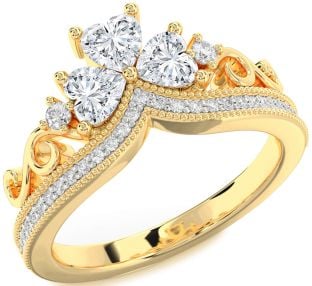 Diamond Gold Crown Heart Three Stone Pave Ring