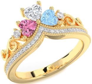 Diamond Gold Crown Heart Three Stone Pave Mother's Ring
