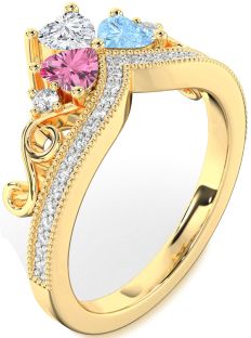 Diamond Gold Crown Heart Three Stone Pave Mother's Ring