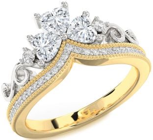 Diamond Platinum & Yellow Gold Crown Heart Three Stone Pave Ring