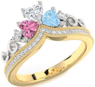 Diamond Platinum & Yellow Gold Crown Heart Three Stone Pave Mother's Ring