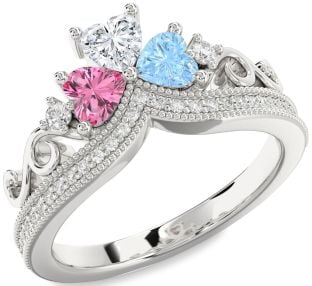 Diamond Platinum Crown Heart Three Stone Pave Mother's Ring
