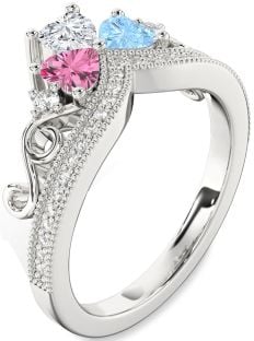 Diamond Platinum Crown Heart Three Stone Pave Mother's Ring