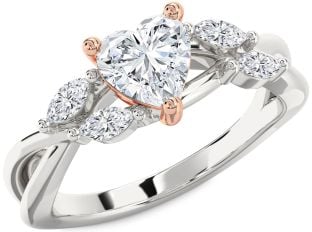 Diamond Rose Gold Silver Heart Engagement Ring