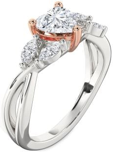 Diamond Rose Gold Silver Heart Engagement Ring