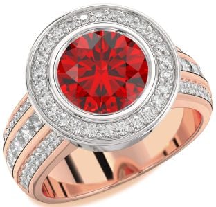 Diamond Ruby Platinum & Rose Gold Round Halo Pave Engagement Ring